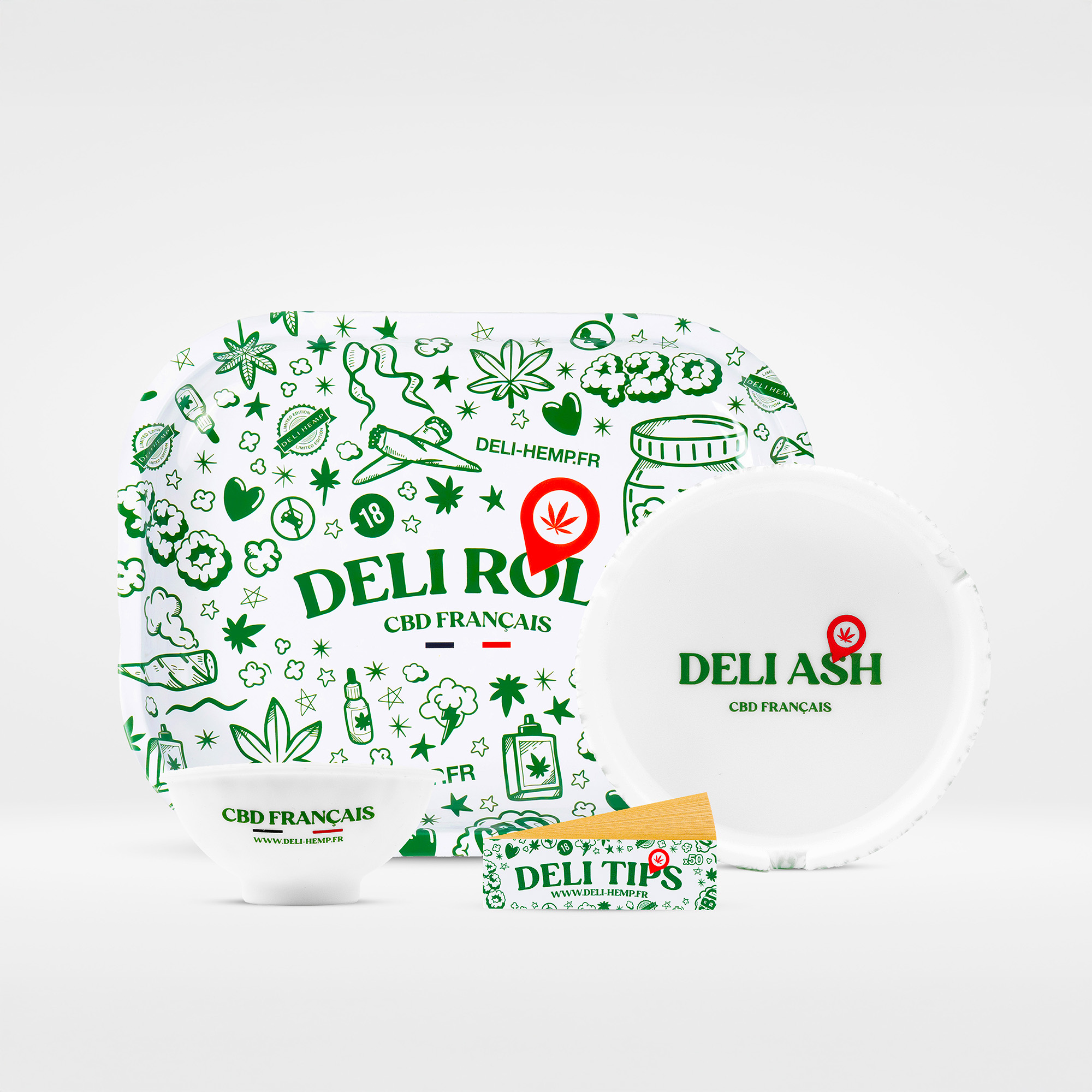 Merchandising Deli Hemp : filtres, cendrier silicone, bol silicone